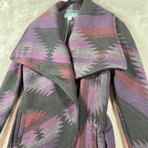 Aztec Print Belted Coat Southwest Boho Jacket Women's Medium Purple Blanket Coat